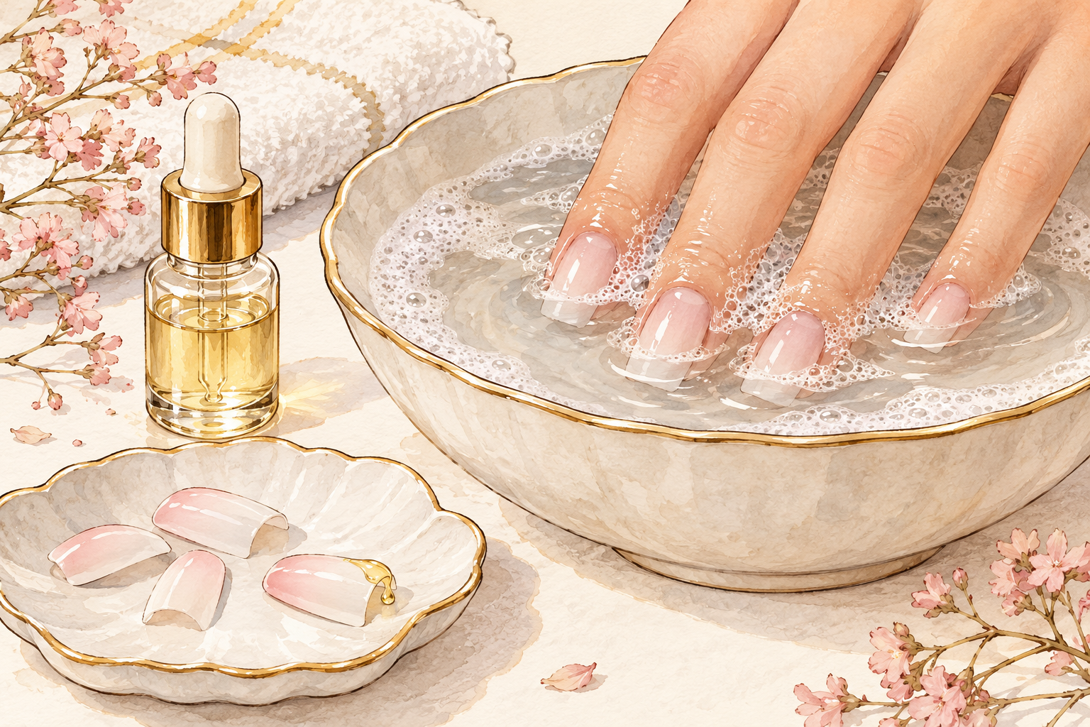 Fingertips soak in a bowl of foamy water beside a dropper bottle and loose artificial tips.