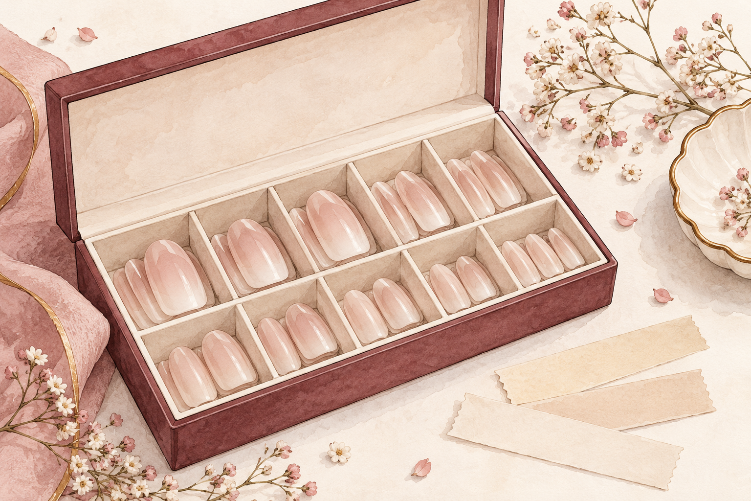 Detached artificial tips lie flat in separate box compartments beside blank tape strips.
