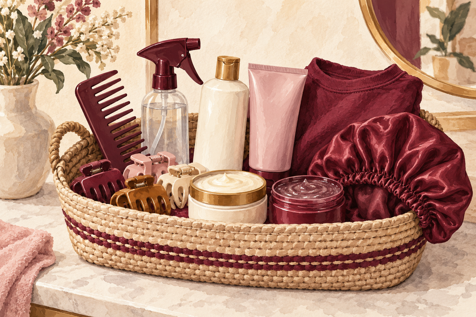 A comb, clips, plain curl products, soft cotton shirt and satin bonnet form a wash-day kit.