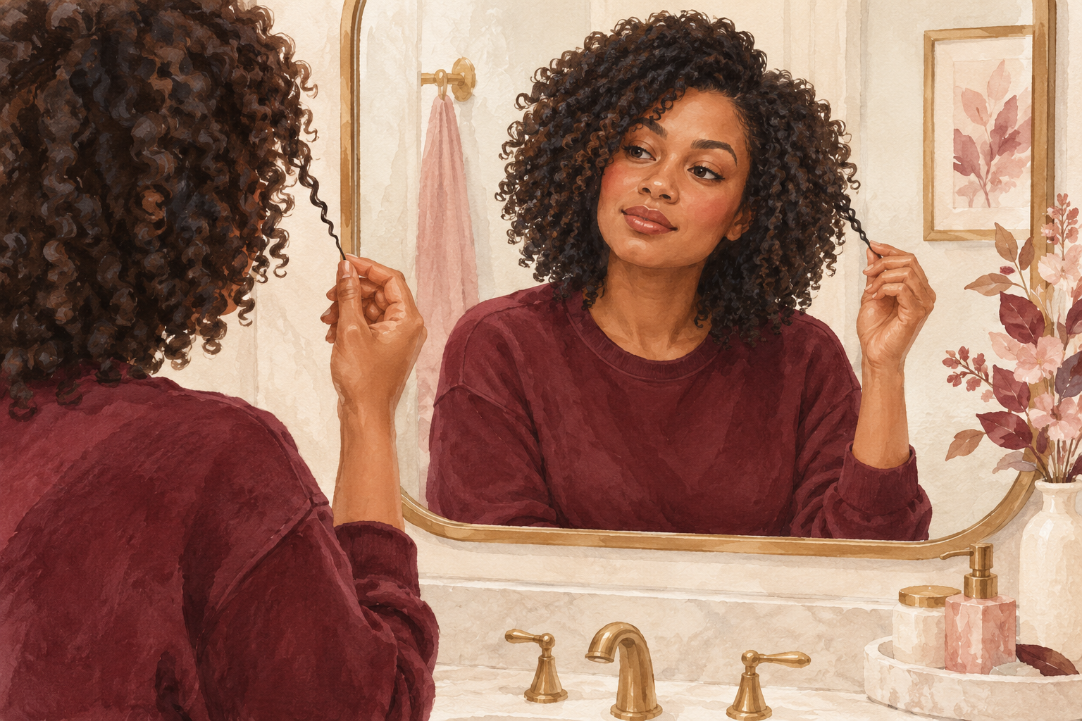 A woman studies her attached tight curls in a mirror while holding a curl near its end.