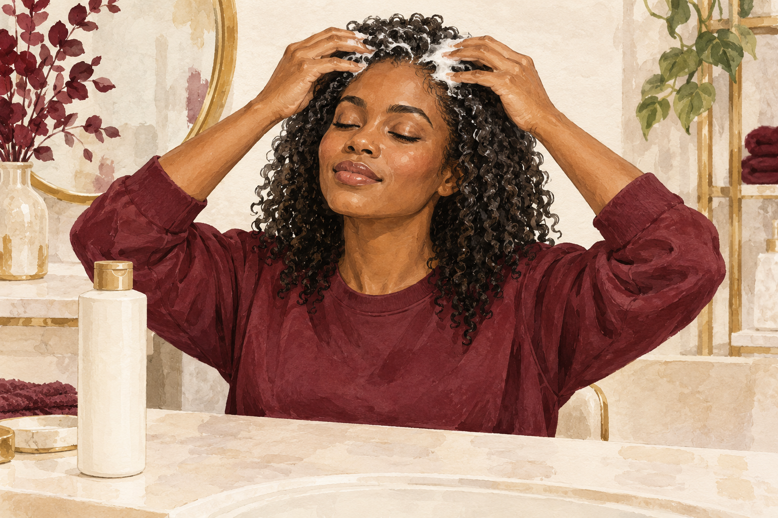 Fingertip pads gently massage shampoo foam at the scalp while tight curls hang down.