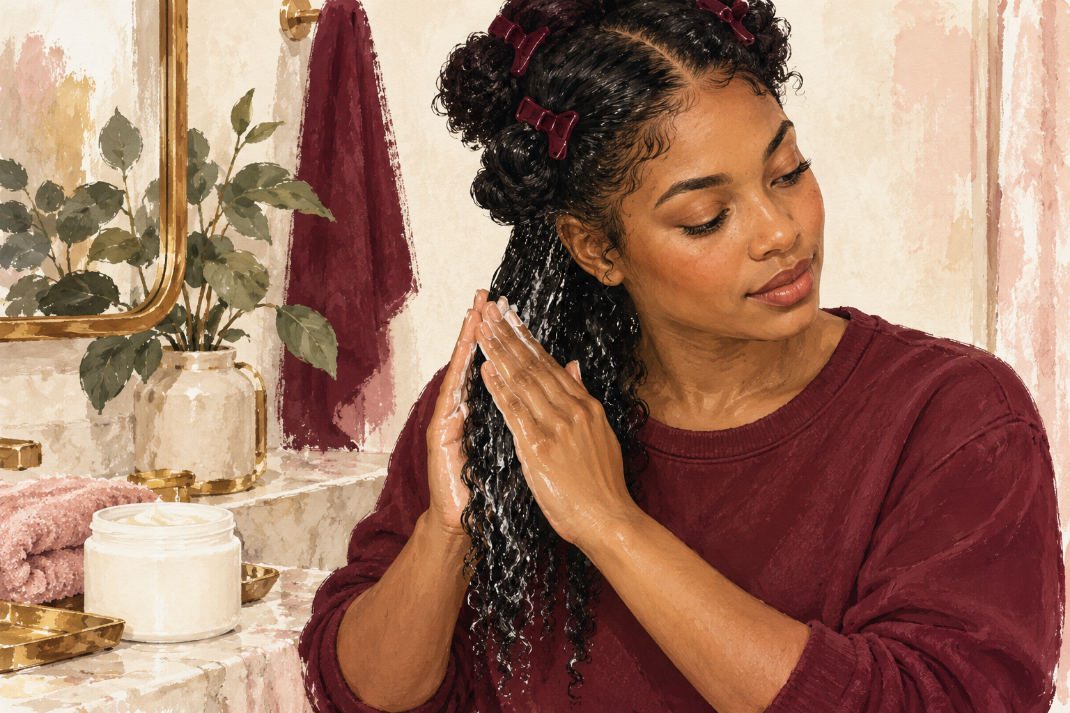 Two palms smooth conditioner along one attached curl section.