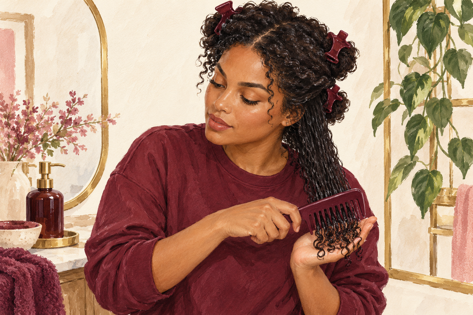 A wide-tooth comb moves through damp curl ends while a cupped palm supports the ends.