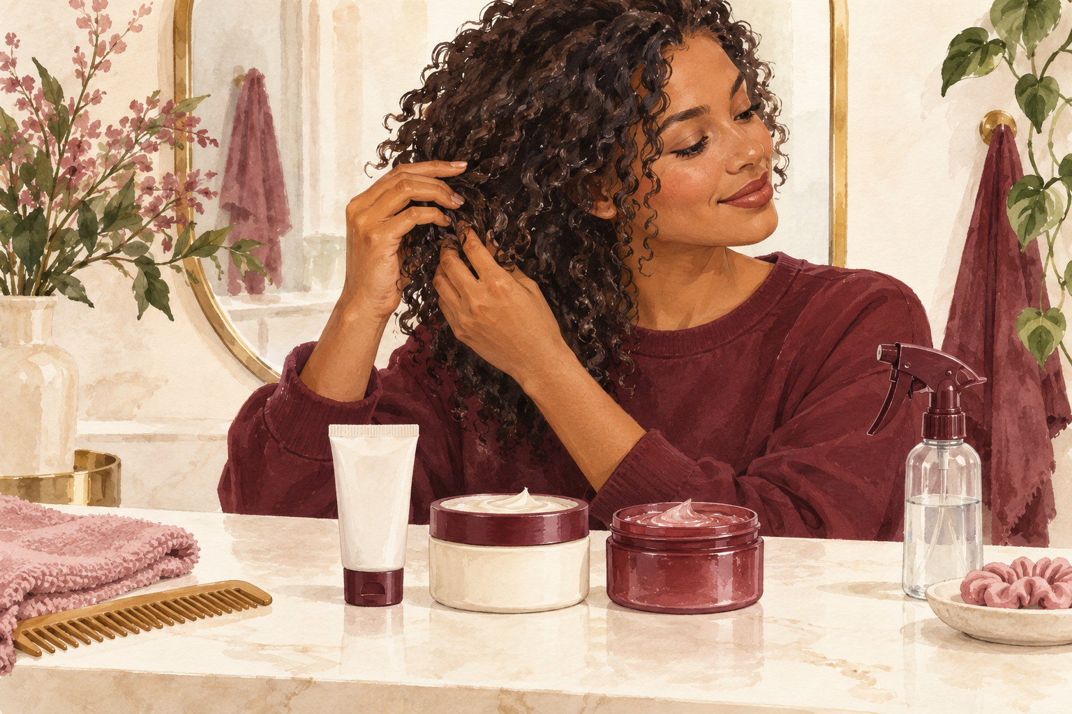 A woman touches her curls above a counter with a tube, two jars and a spray bottle.