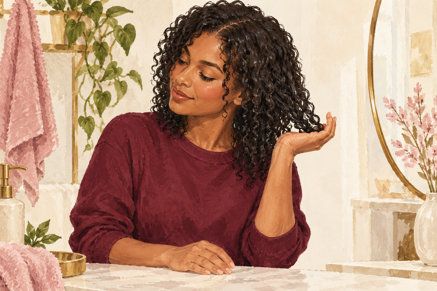 A cupped palm gently lifts a small section of attached curls.