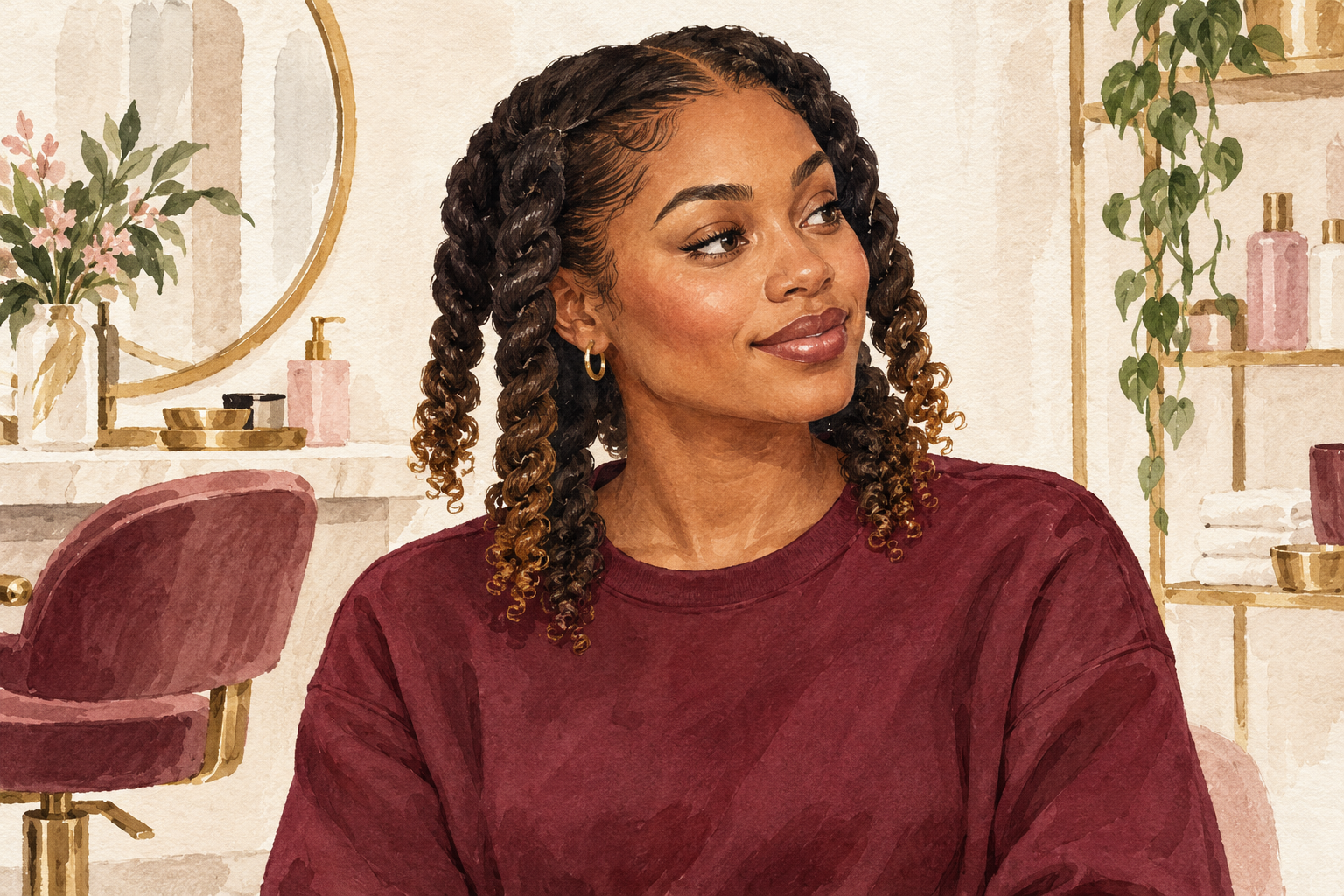 Loose attached twists rest around a woman's face and shoulders.