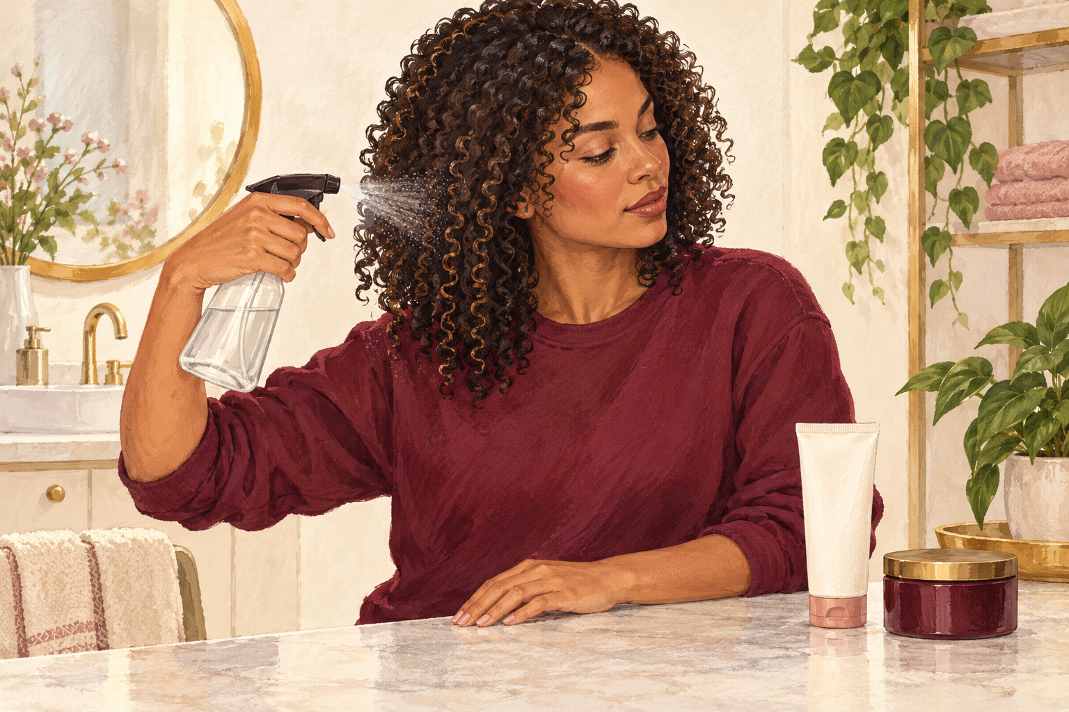 A woman lightly mists the side of her attached curls beside a plain leave-in tube.