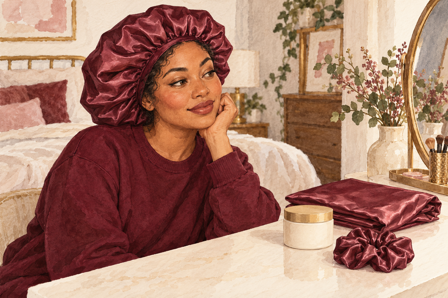 A woman wears a loose satin bonnet beside a folded satin pillowcase, scrunchie and plain jar.