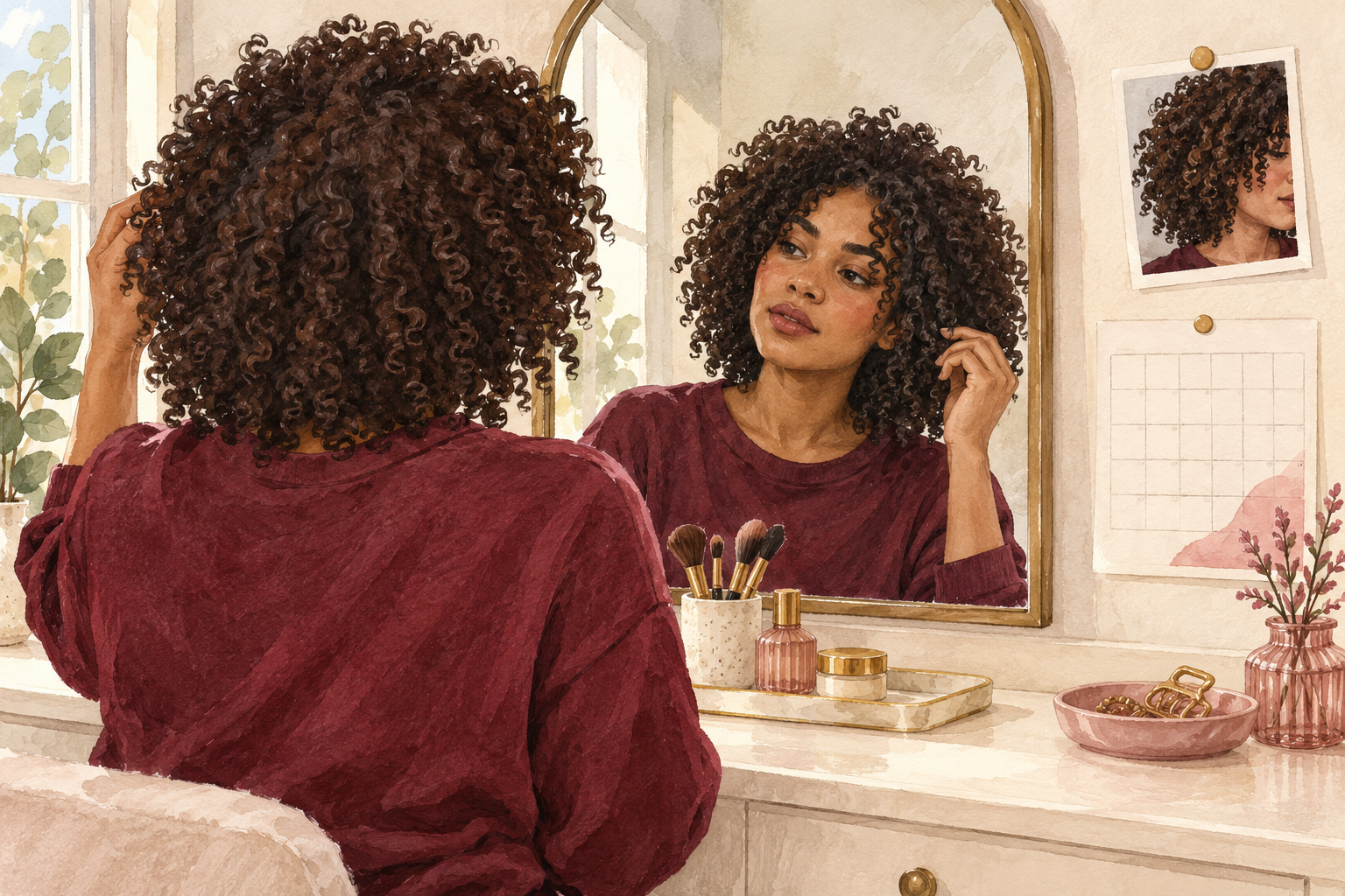 A woman observes her curls in a mirror beside one reference image and an abstract calendar.