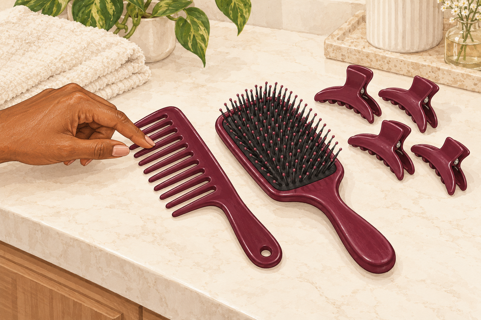 A hand checks the smooth teeth of a wide-tooth comb beside a flexible-bristle paddle brush and four sectioning clips.