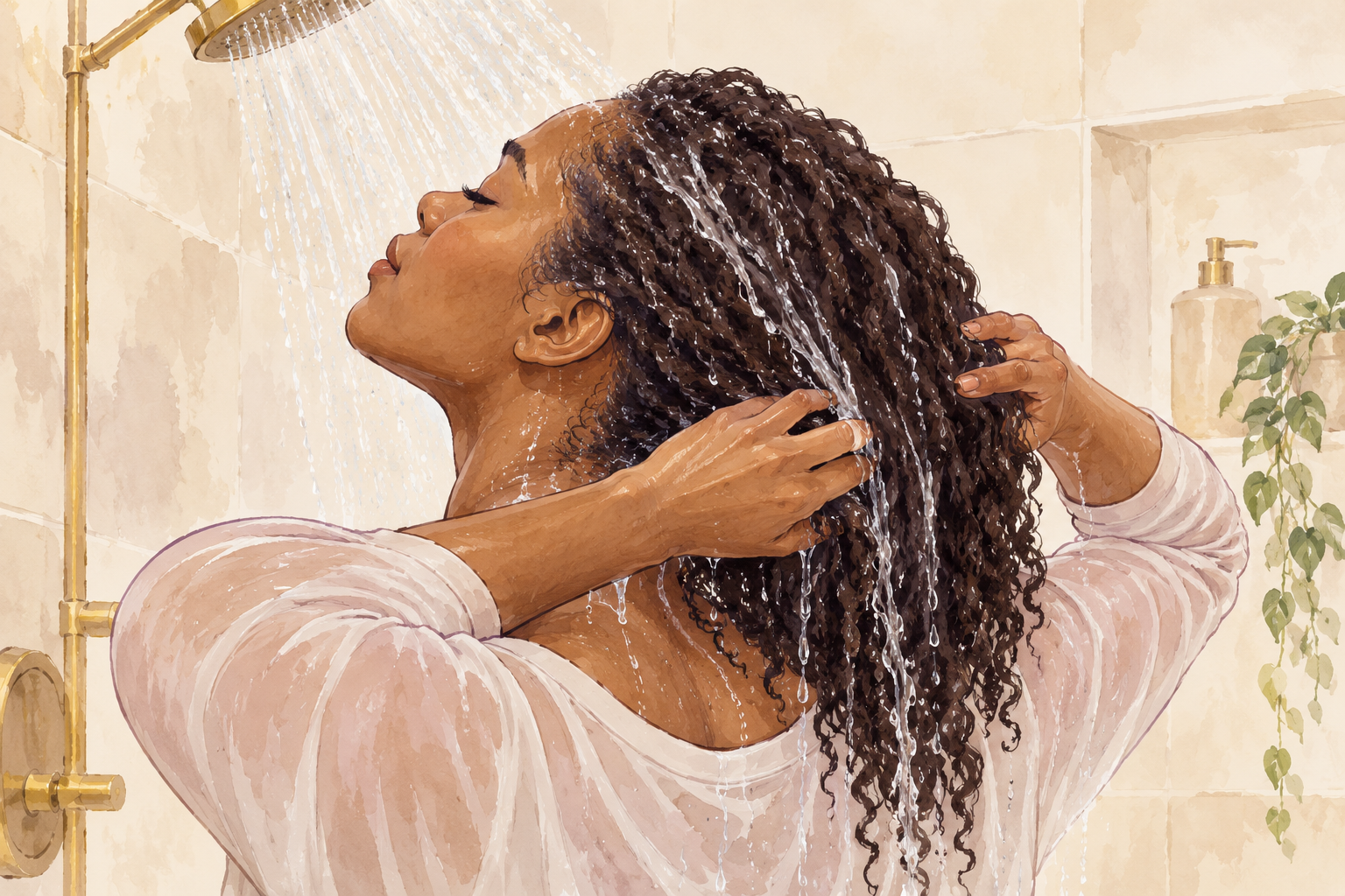 With her head tilted back, a woman rinses parted hair as water flows from the front of the scalp toward the nape.