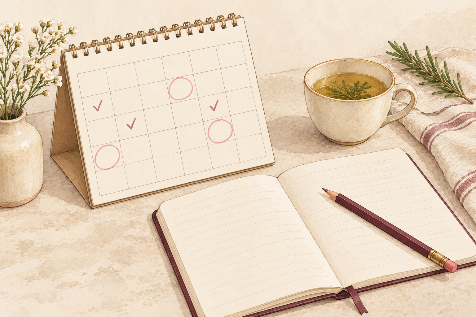A blank tracking calendar and open notebook with a few check marks and circled squares sit beside tea.