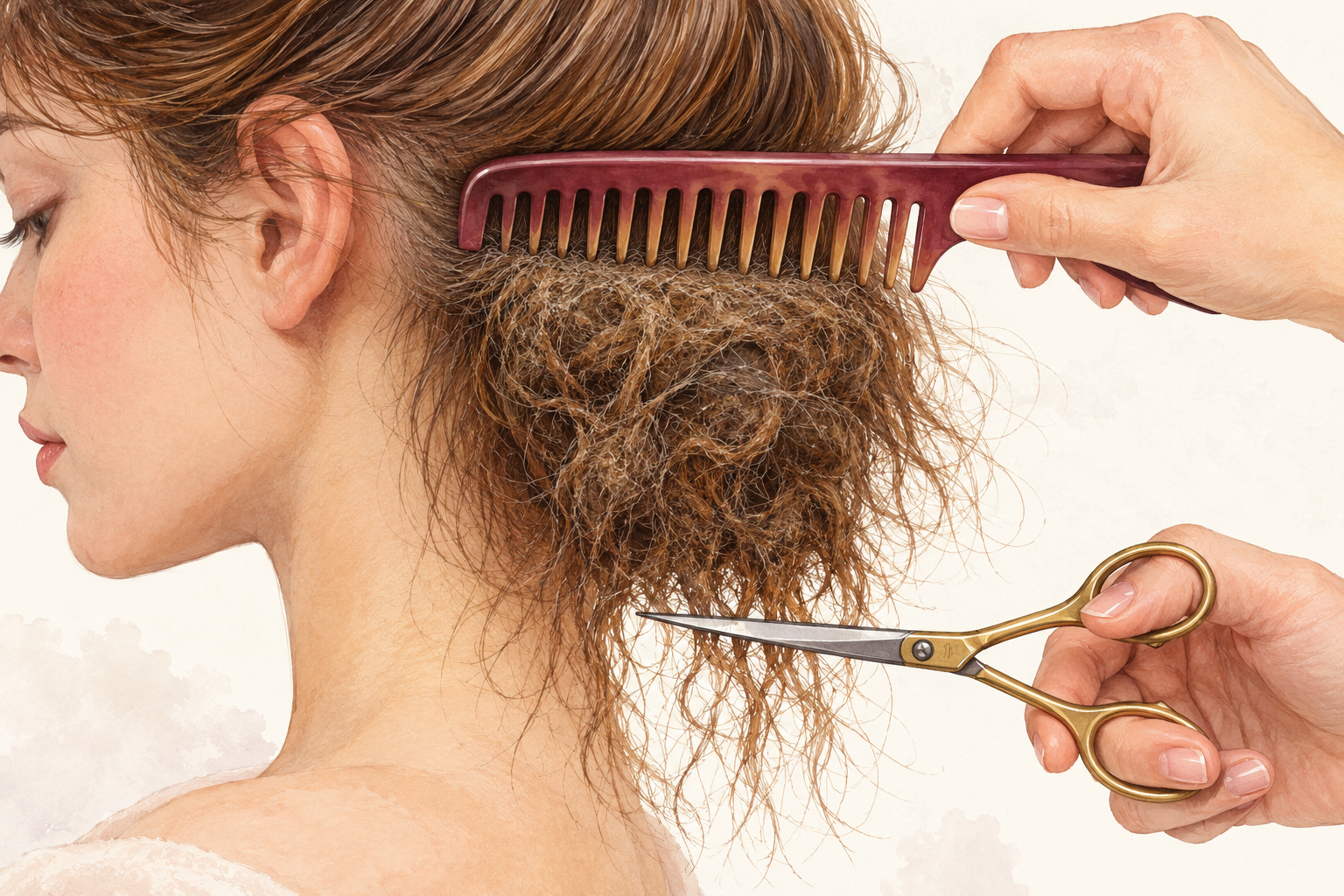A wide-tooth comb rests between the scalp and a lower mat while scissors trim below the mat edge.