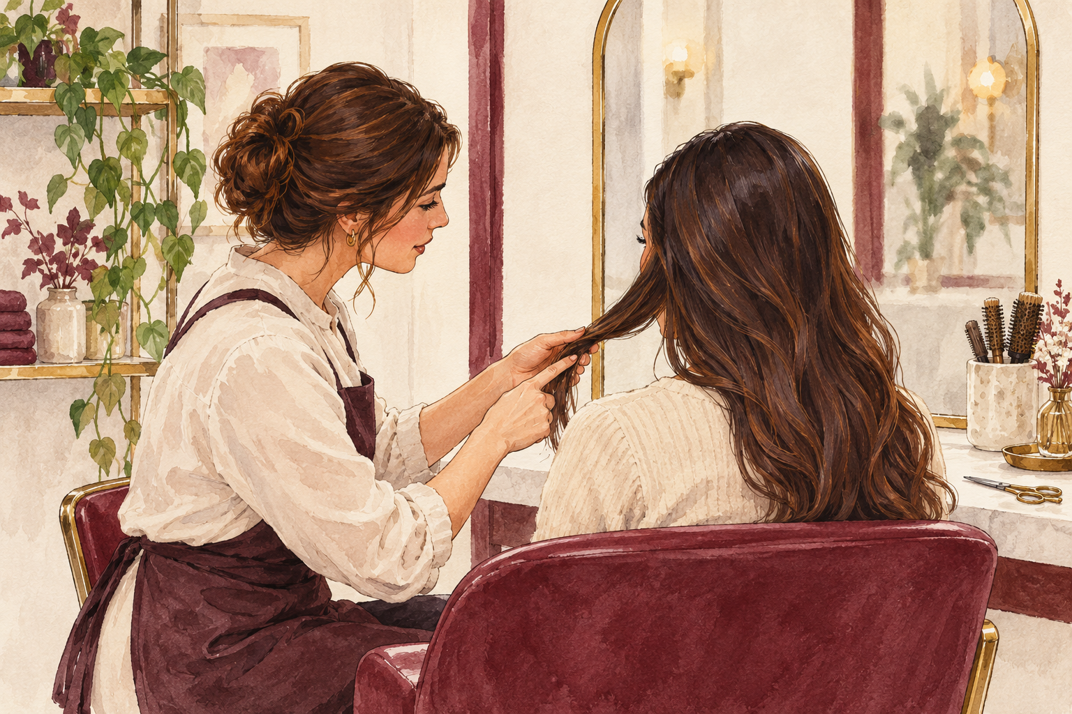 A stylist and client review one hair section in a mirror with closed scissors resting on the counter.