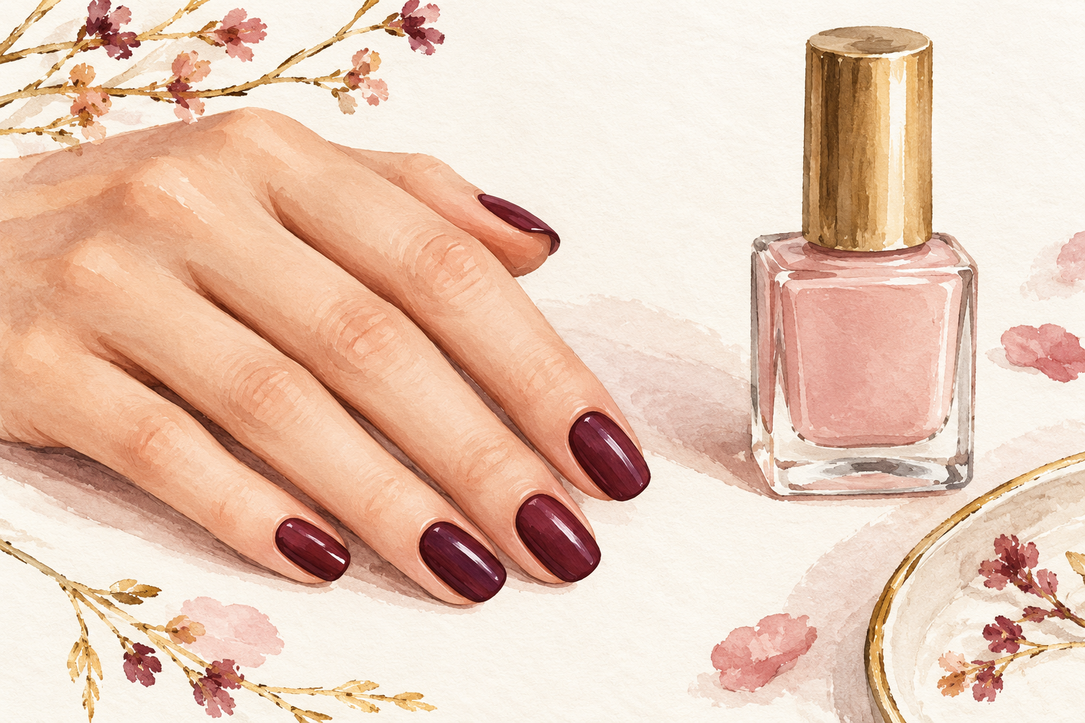 A connected hand shows short dark-polished nails beside a plain bottle.