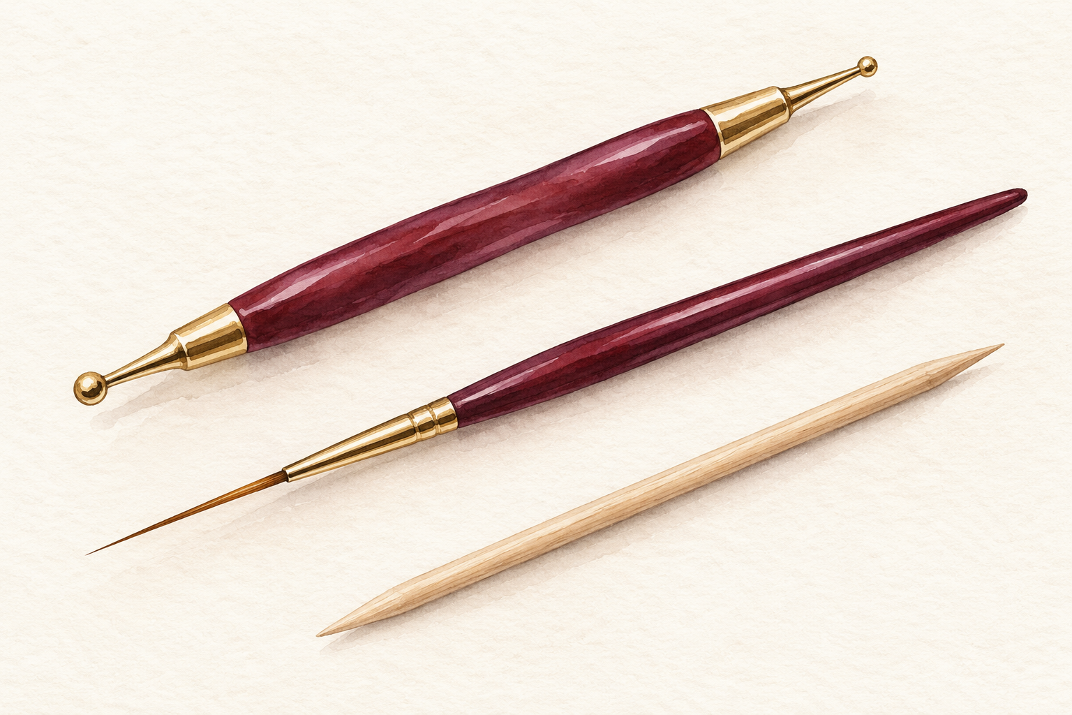 A ball-ended dotting tool, long thin striper brush, and wooden toothpick lie side by side.