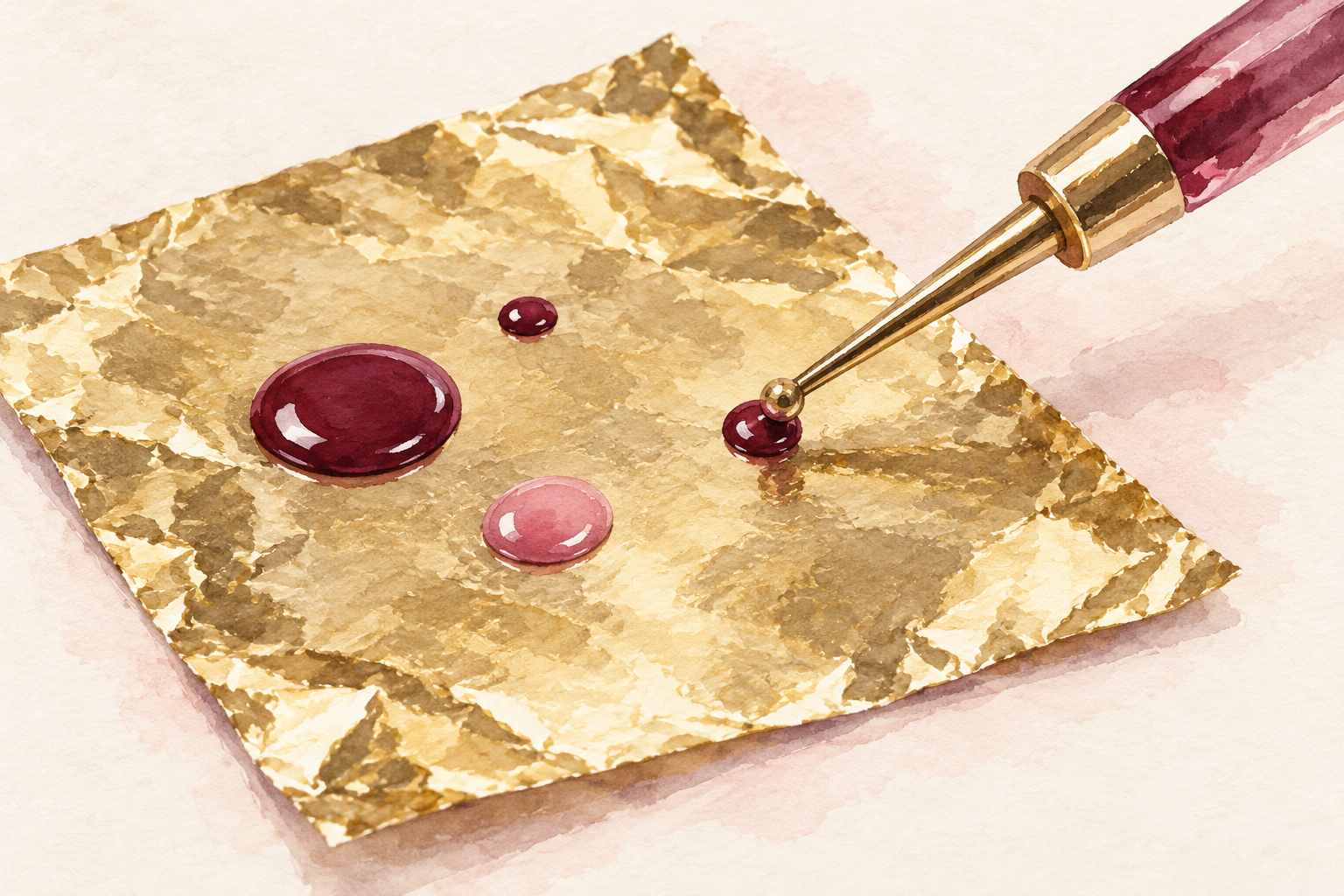 A ball-ended tool touches a small polish bead on foil.