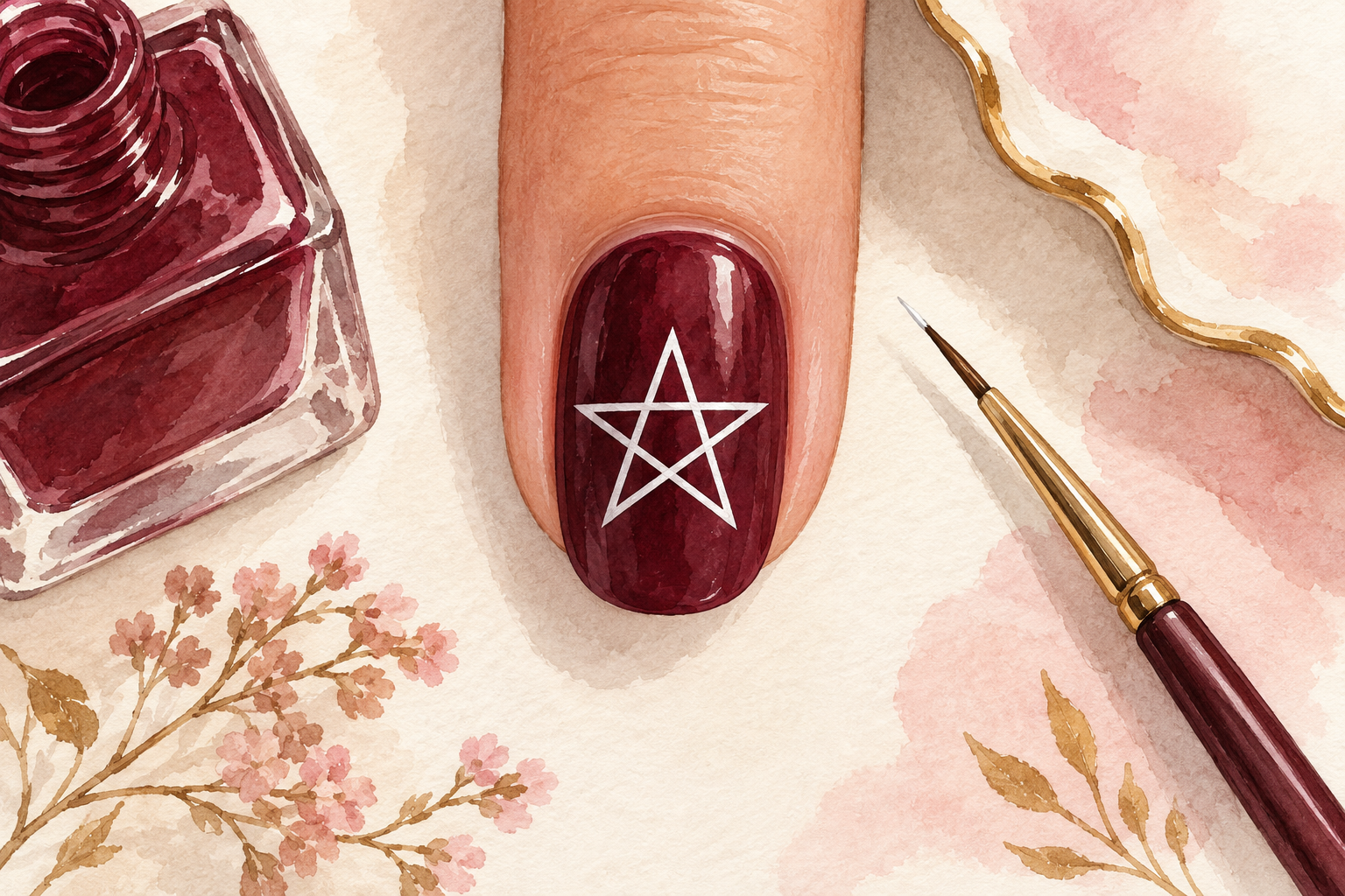 One attached dark-polished nail bears a thin white outlined five-point star.