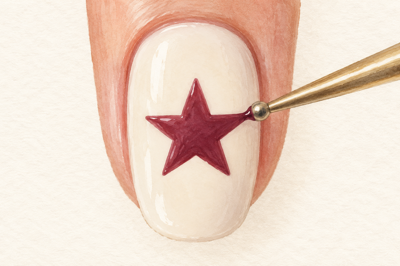 One pale nail shows a filled wine five-point star joined at its center as a ball tool touches one ray.