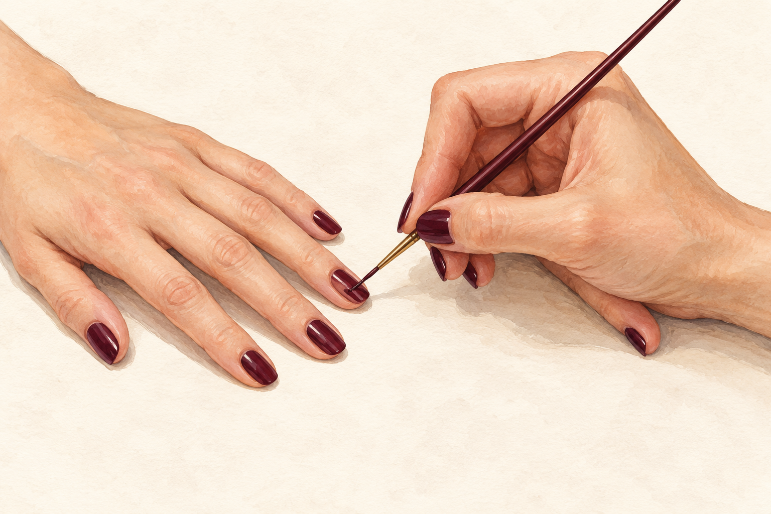 A fine brush paints a dark nail while the painting hand rests beside the receiving hand on the table.