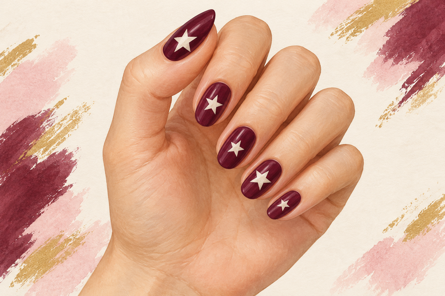 One hand shows five dark nails with one white star on each, varied in size.