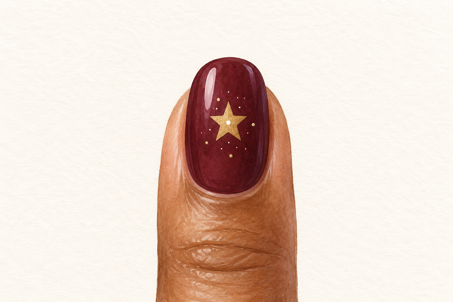 A gold star with a white center dot and a few small dots decorates a dark nail.