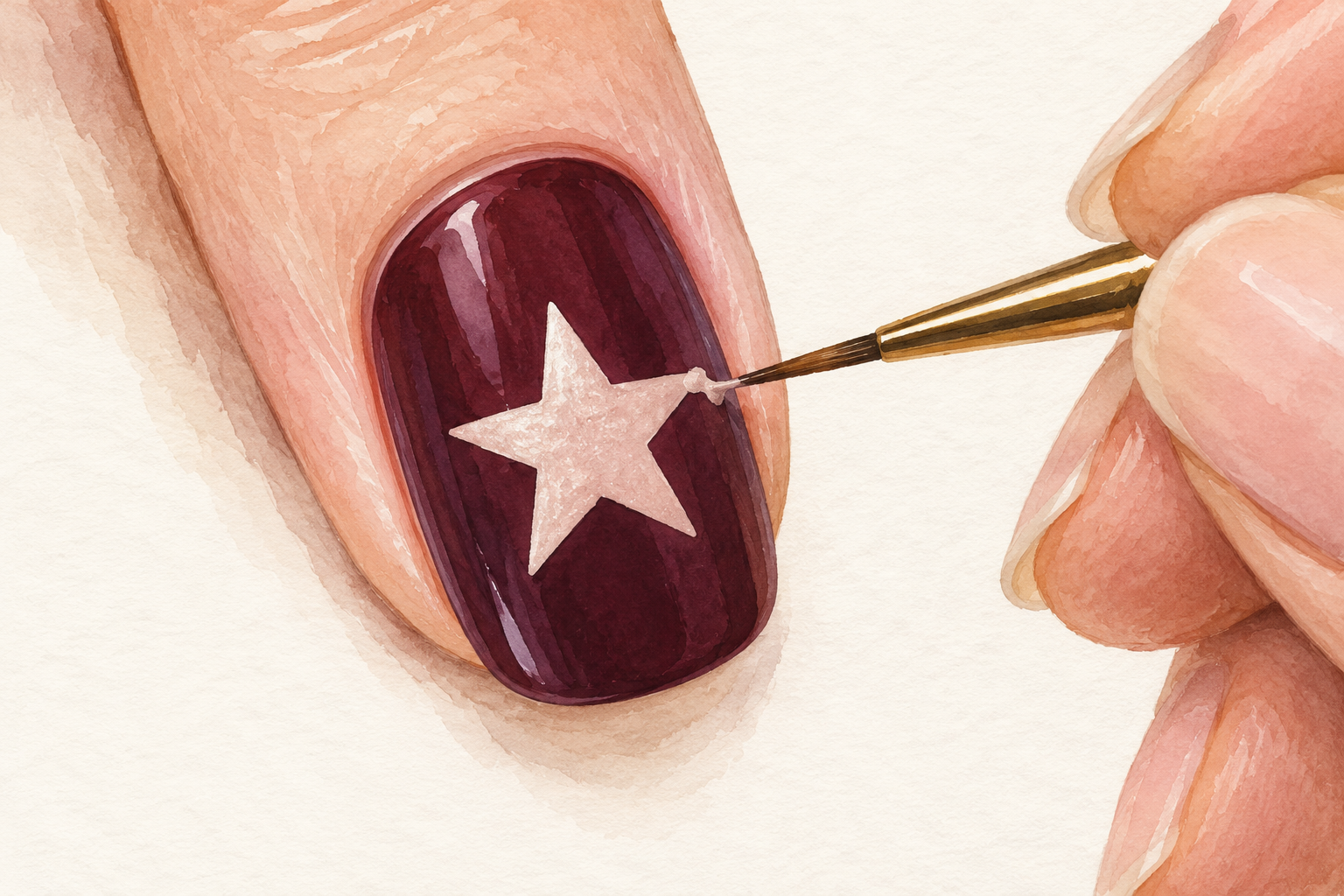 A fine brush touches one uneven point on a pale star painted on a dark nail.