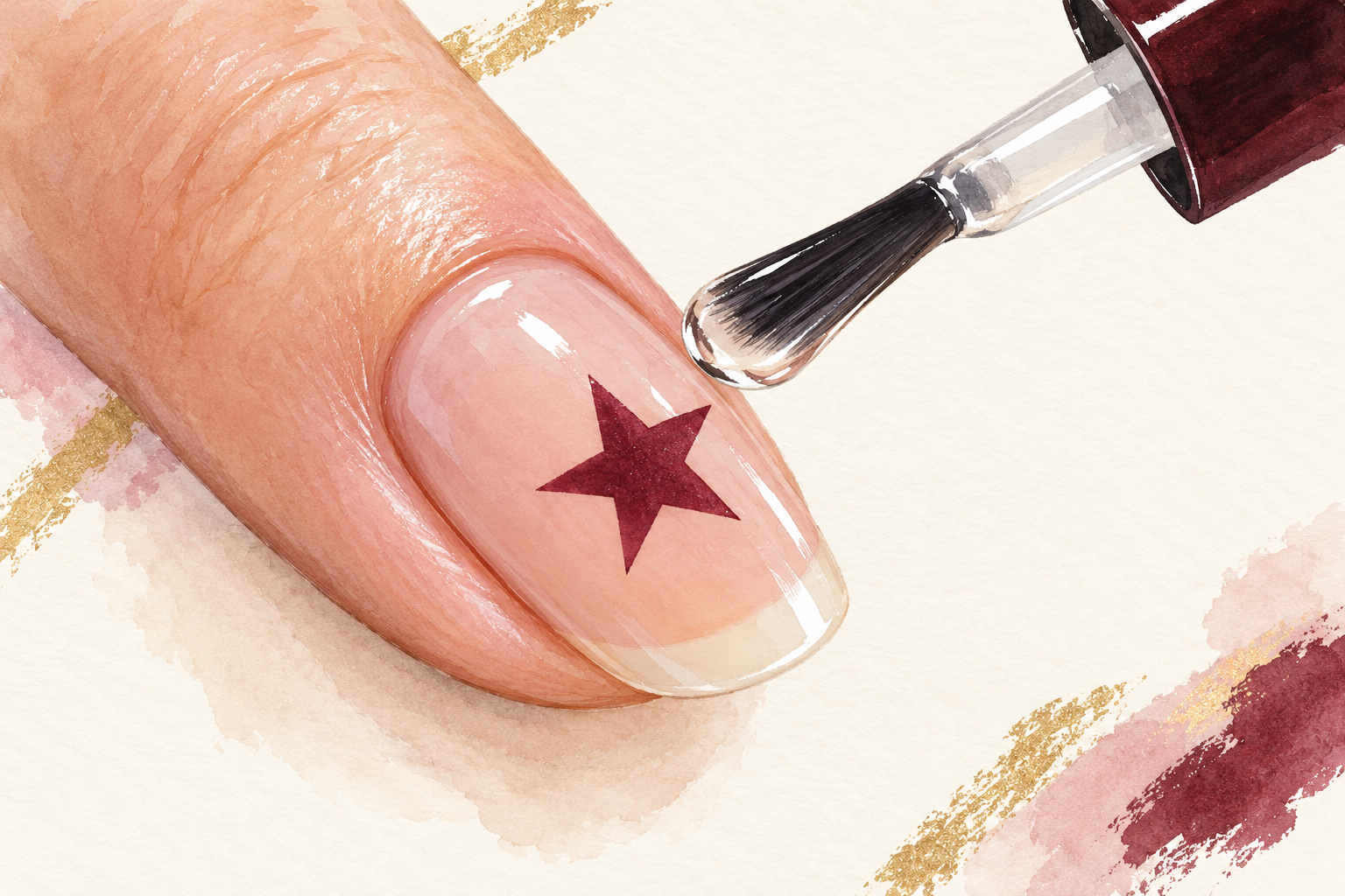 A clear topcoat brush floats over a wine-colored star on a pale pink nail.