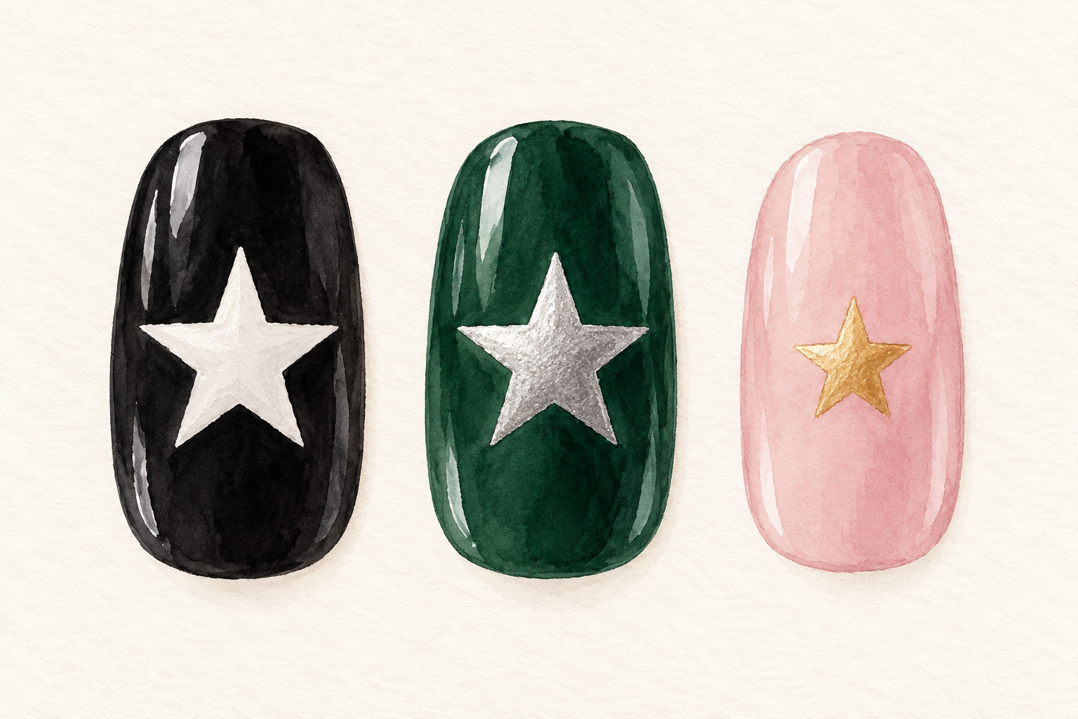 Three artificial tips show white on black, silver on deep green, and gold on pale pink stars.