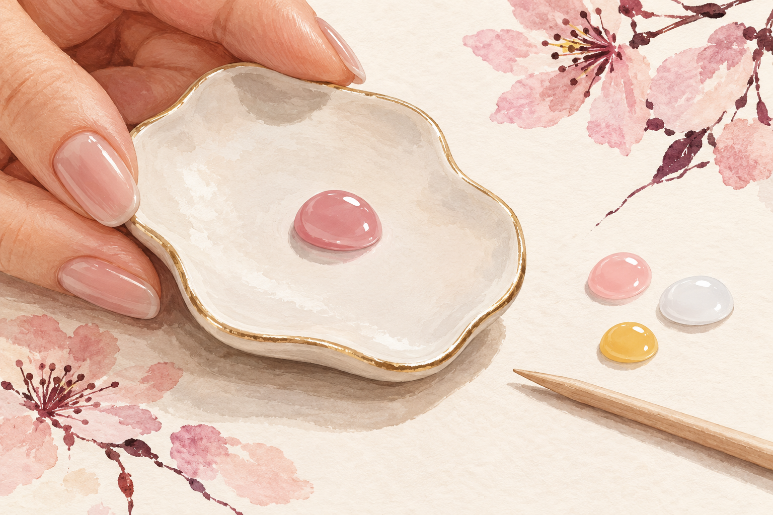 A palette holds rounded pale pink, white, and yellow gel beads beside a wooden pick.