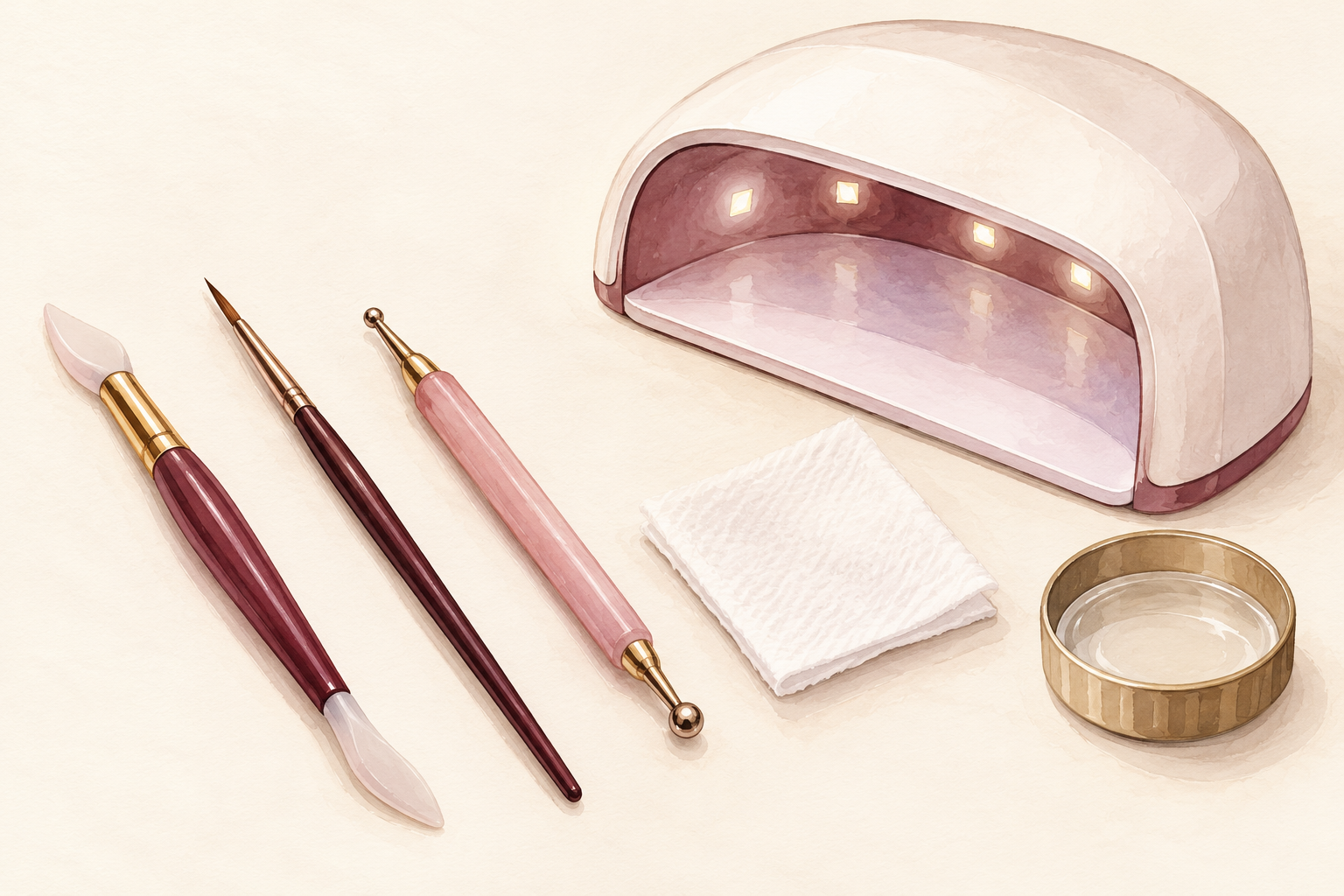 A silicone sculpting tool, fine brush, dotting tool, lint-free wipe, small cleanser lid, and curing lamp are arranged on a clean table.