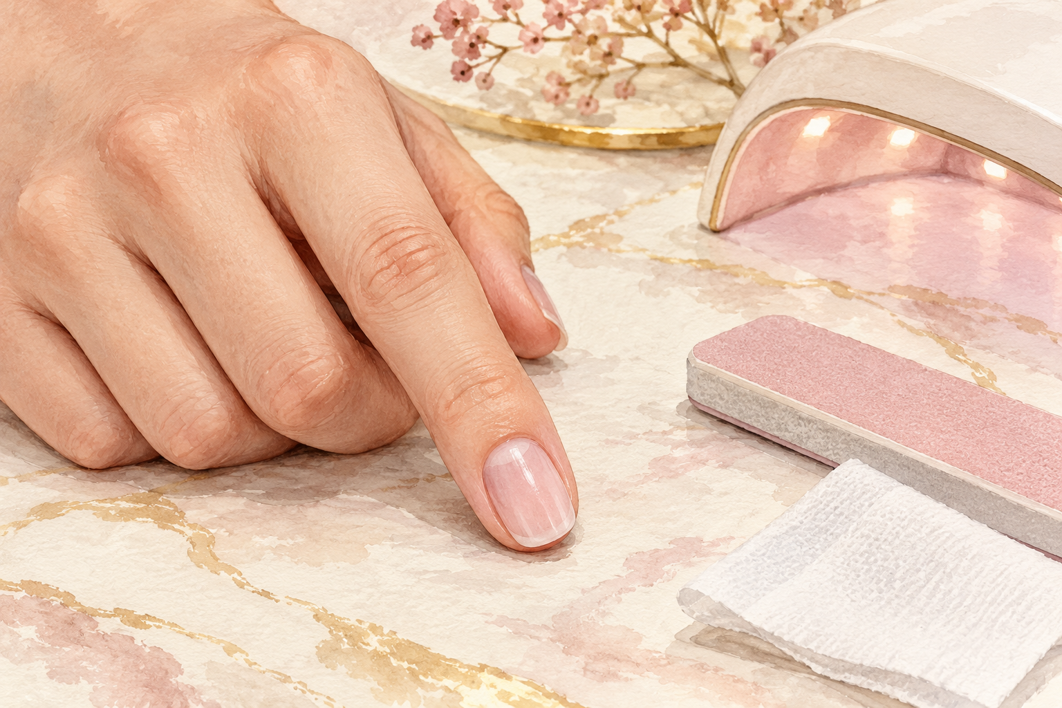 A thin sheer-pink base covers one natural nail, with intact skin and a softly satin surface.