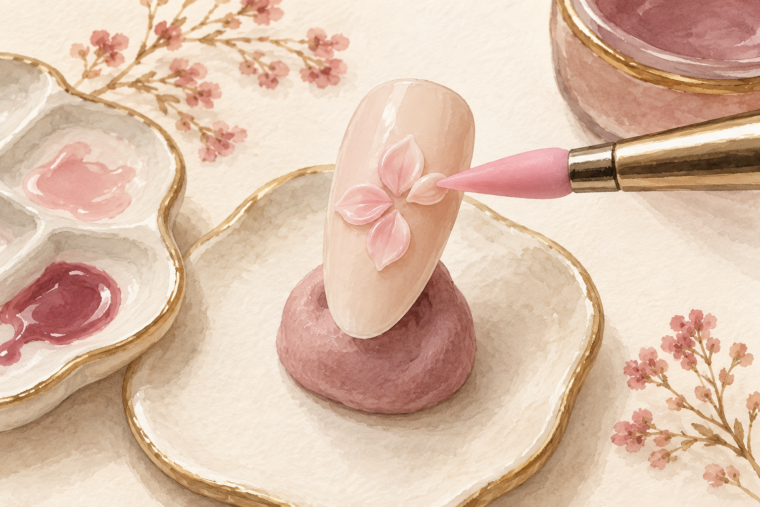 A silicone tool shapes one petal in a four-petal pale pink flower on a spare tip fixed to putty.
