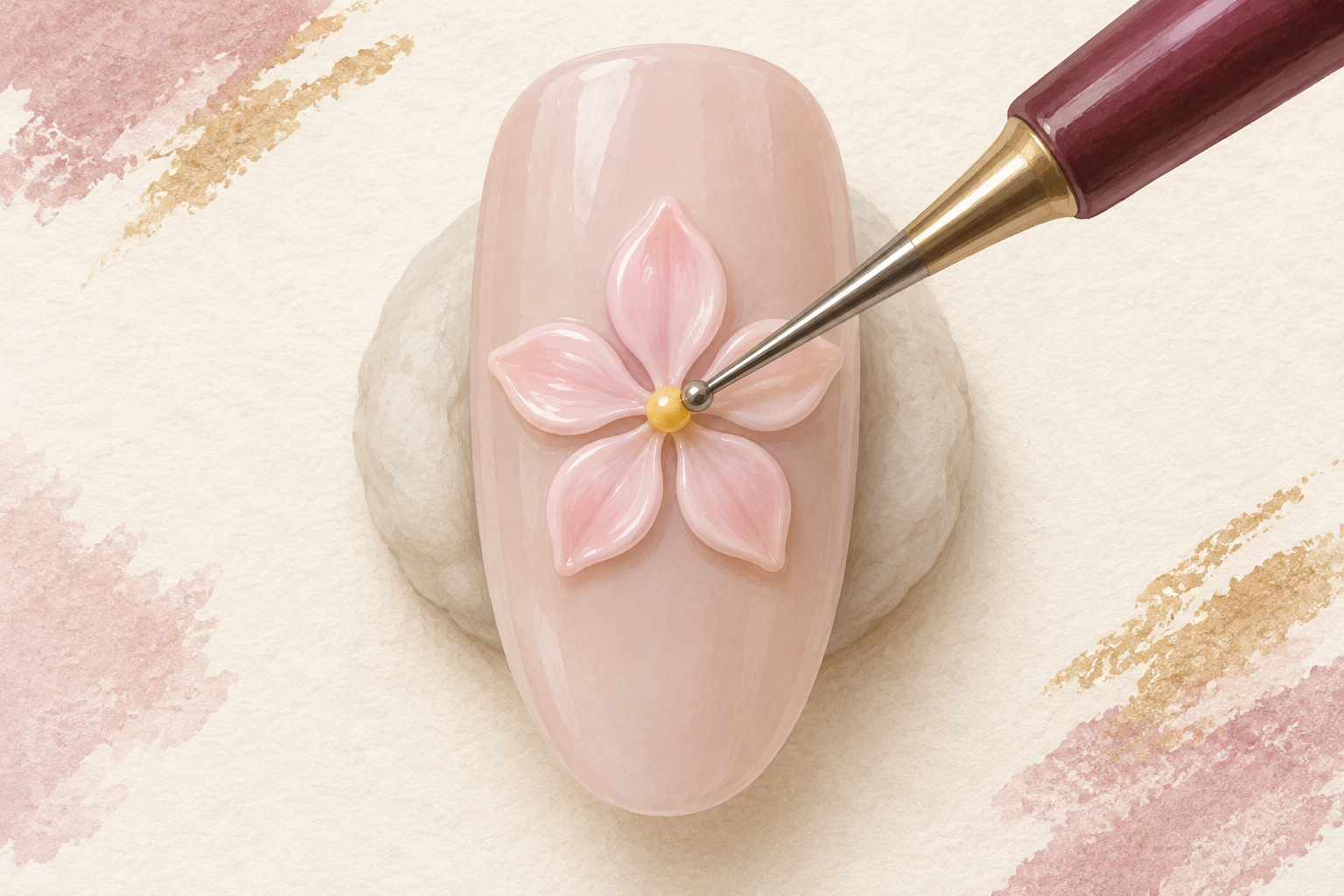 A ball-ended dotting tool places a tiny yellow bead where five pale raised petals meet on a putty-mounted artificial tip.