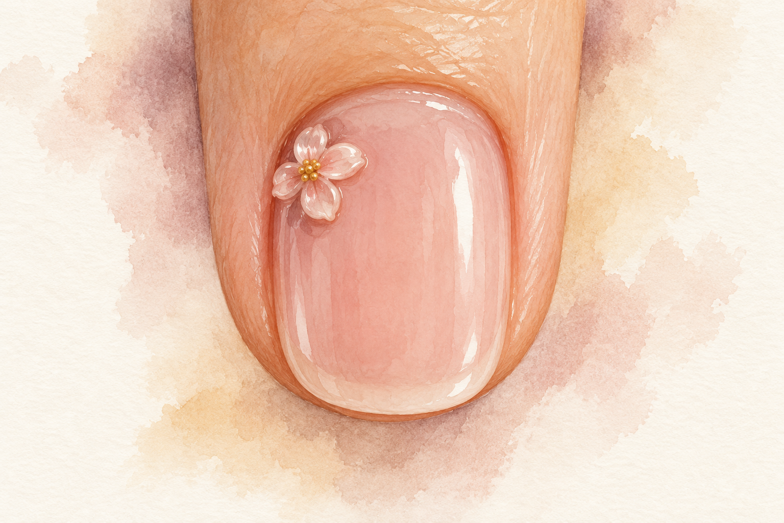A small low-relief flower with a yellow center sits near the cuticle on an attached short nail.