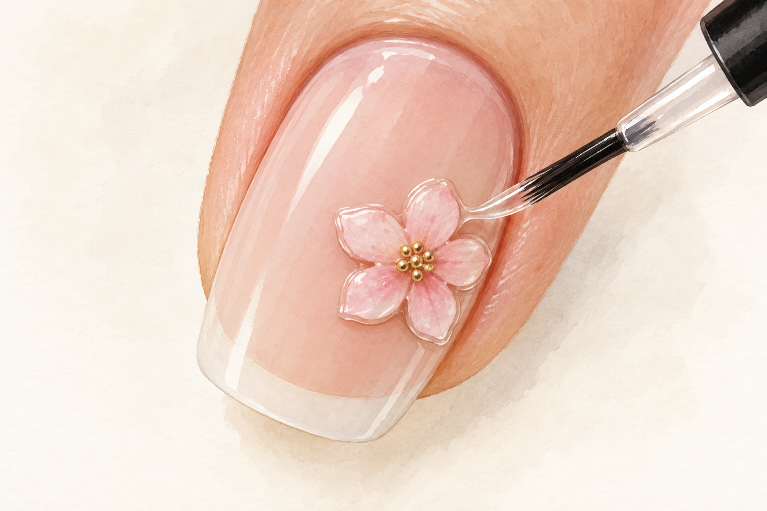 A fine brush traces a thin clear line around the outside edge of a small raised flower on a natural nail.