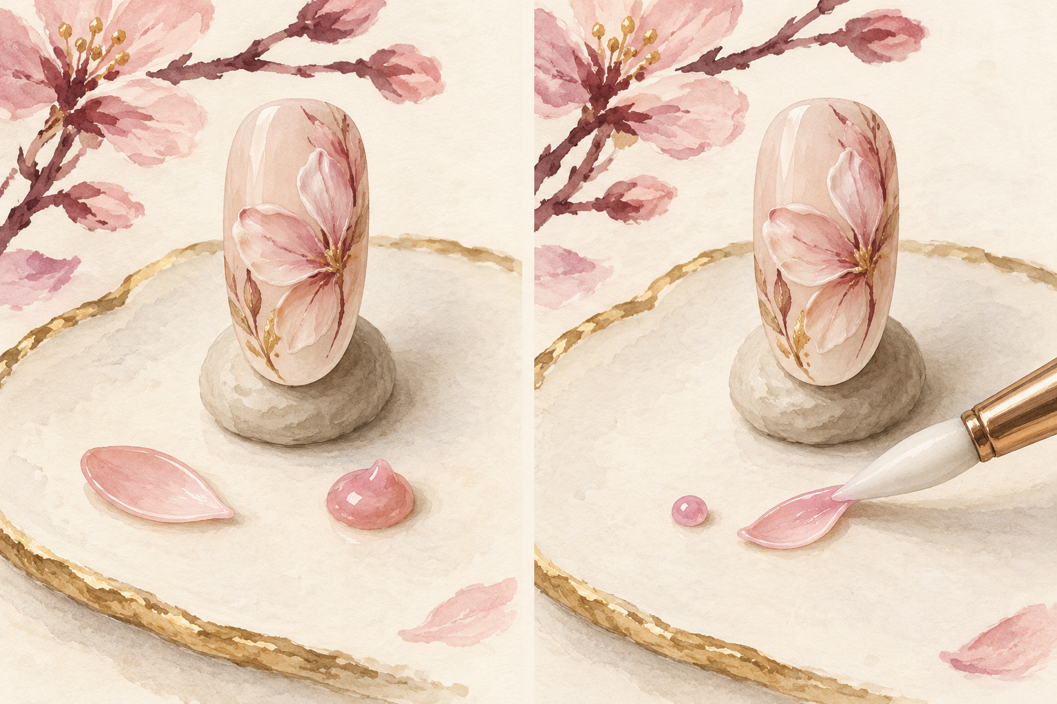 Two panels compare a larger gel bead and flat petal with a smaller bead and a silicone tool shaping one thin petal on a palette beside practice tips.