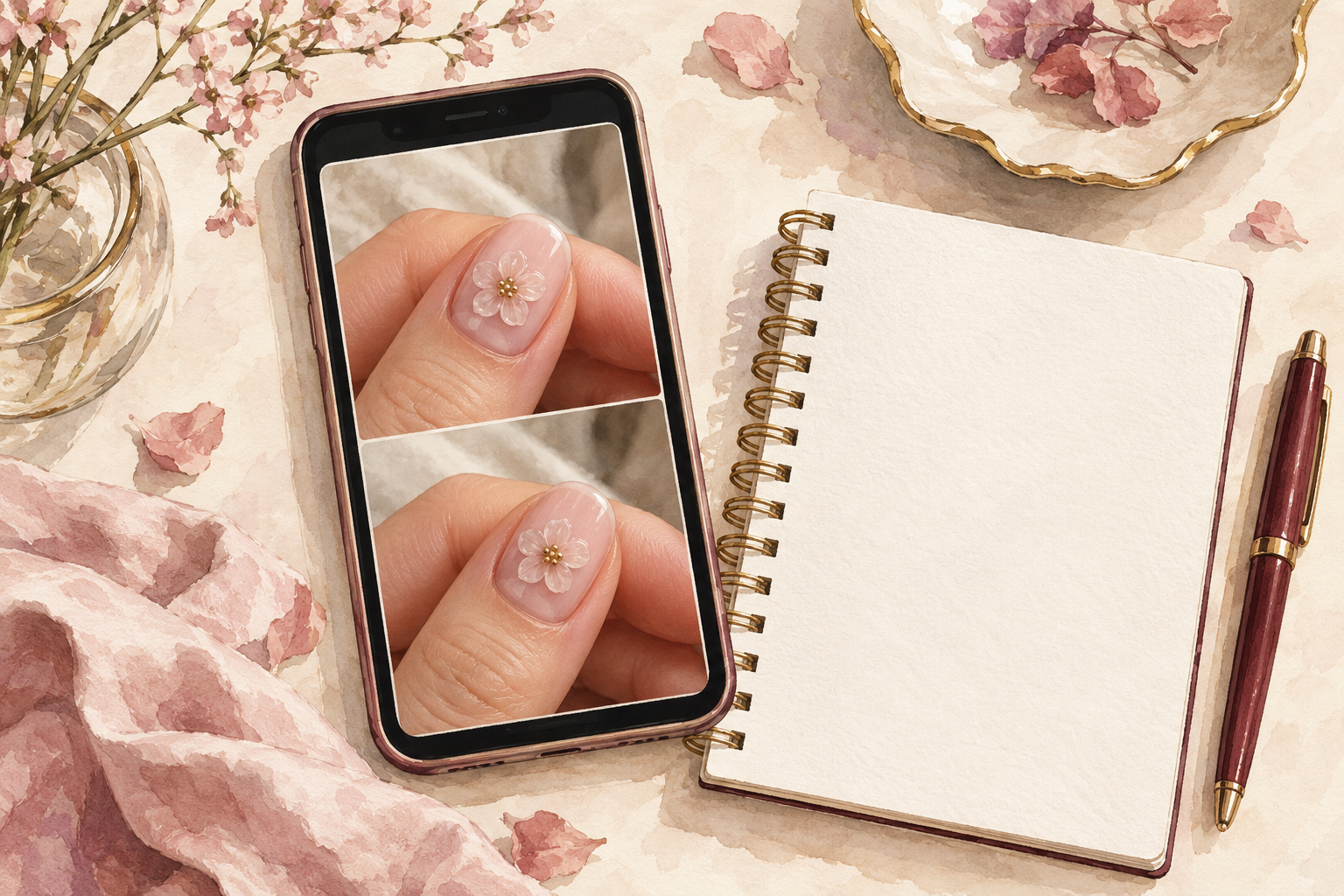 A phone shows matching reference photos of one small raised flower beside a blank notebook.
