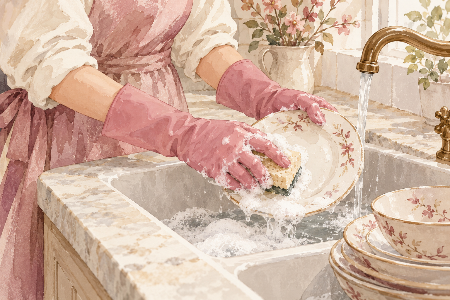 Two gloved hands wash dishes at a sink.