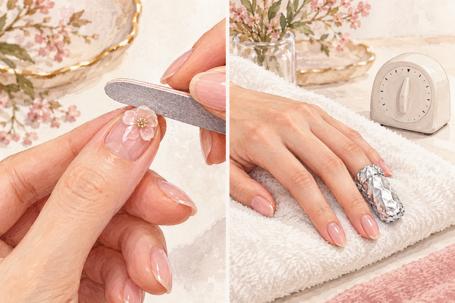 Two panels show a fine file on a small raised flower, then a cotton and foil fingertip wrap beside a plain timer.