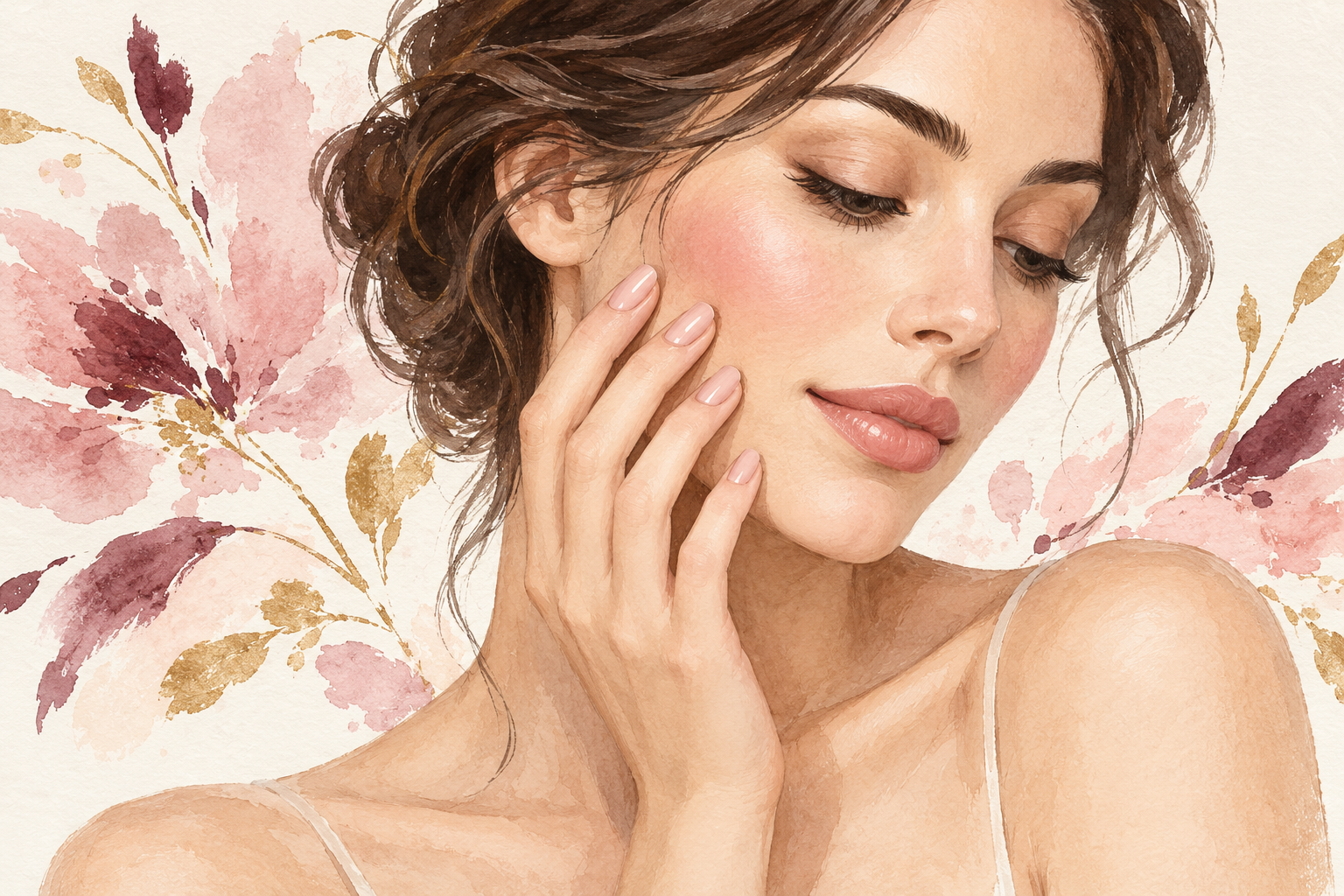 A woman rests one hand against her cheek, showing four short, neatly shaped pale-pink nails.