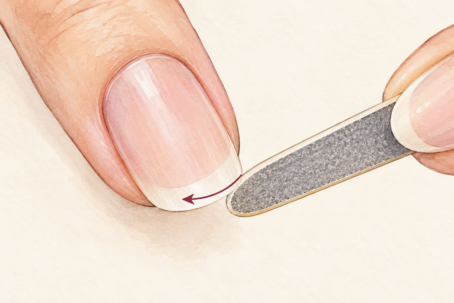 A fine file smooths the white free edge of an attached natural nail.