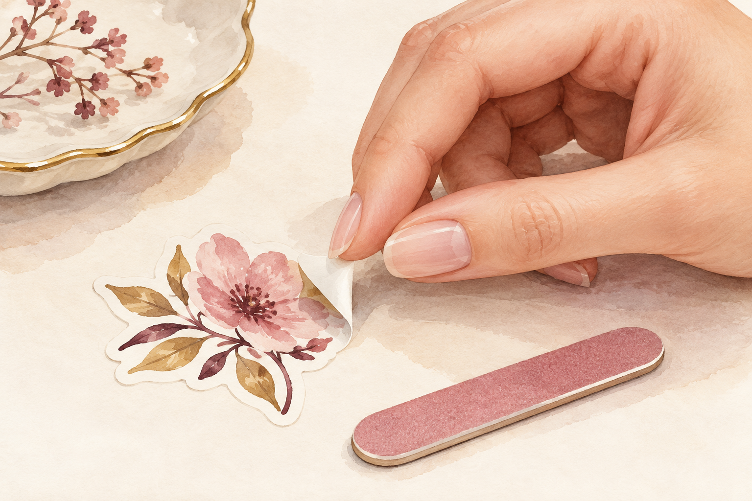 Finger pads lift a small sticker while the natural nail stays clear of prying.