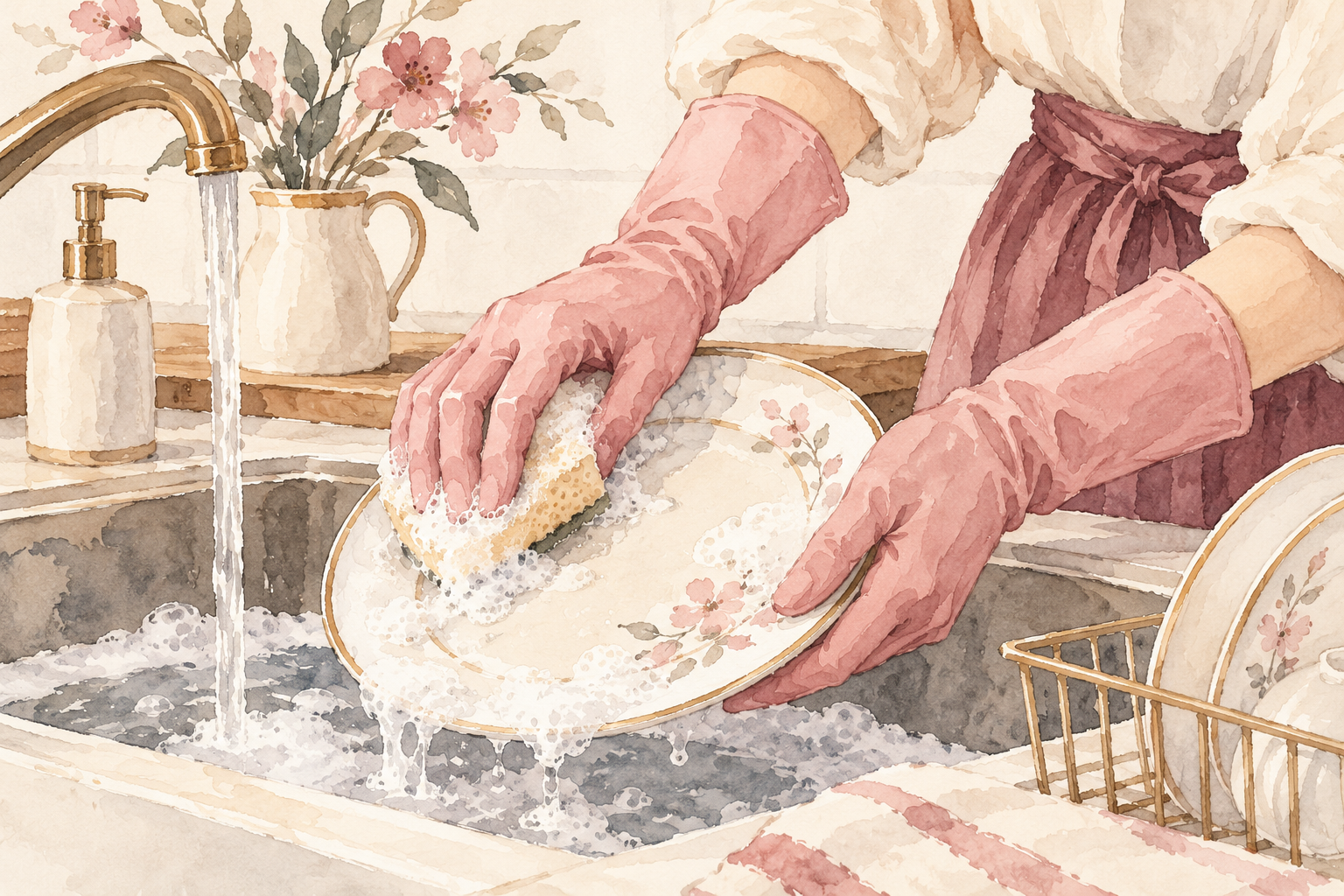 Two gloved hands wash a dish at a sink.