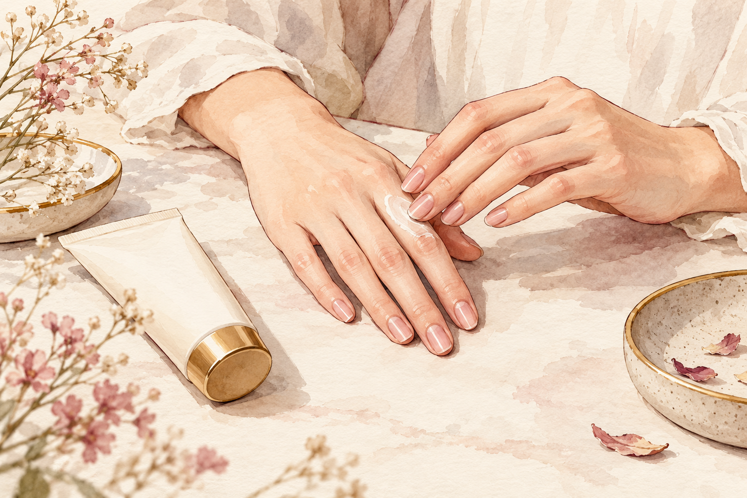 One hand massages a small dab of cream into the fingertips of the other hand beside a plain tube.