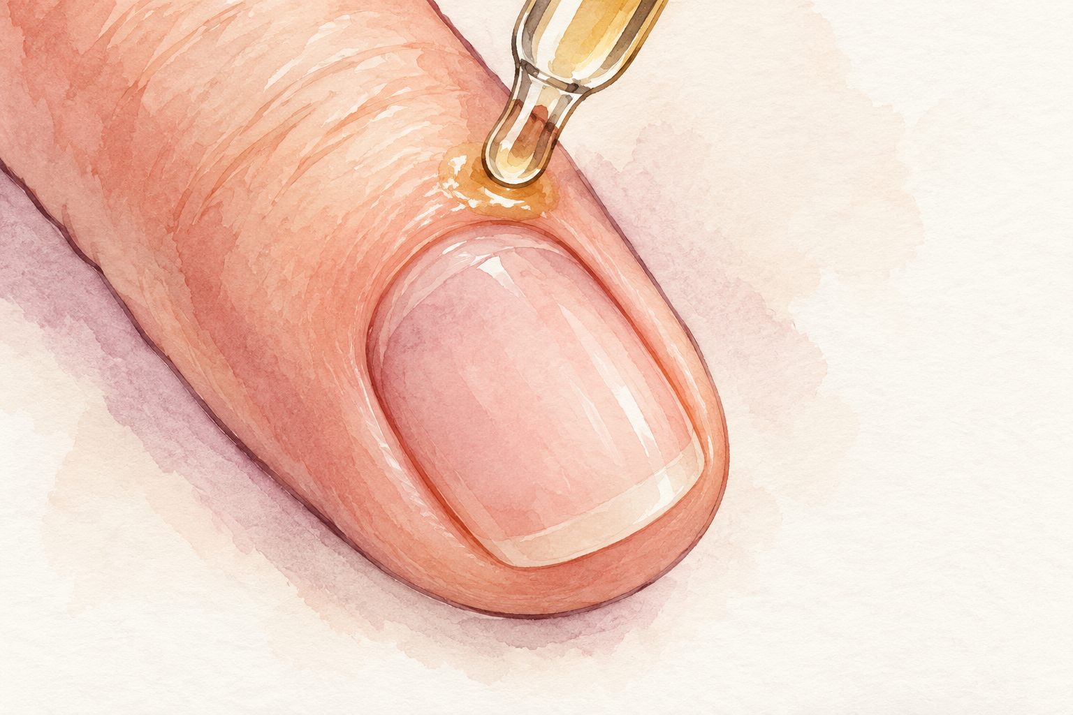 A tiny oil drop sits beside the intact cuticle fold of a short natural nail.