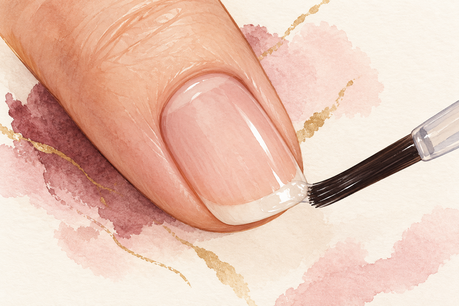 A clear brush touches the distal free edge of a short natural nail while the cuticle remains clear.