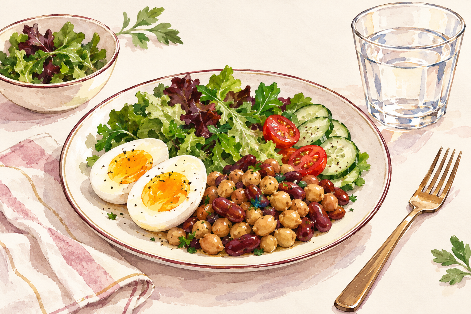 A balanced meal with eggs, beans and leafy vegetables sits beside a glass of water.