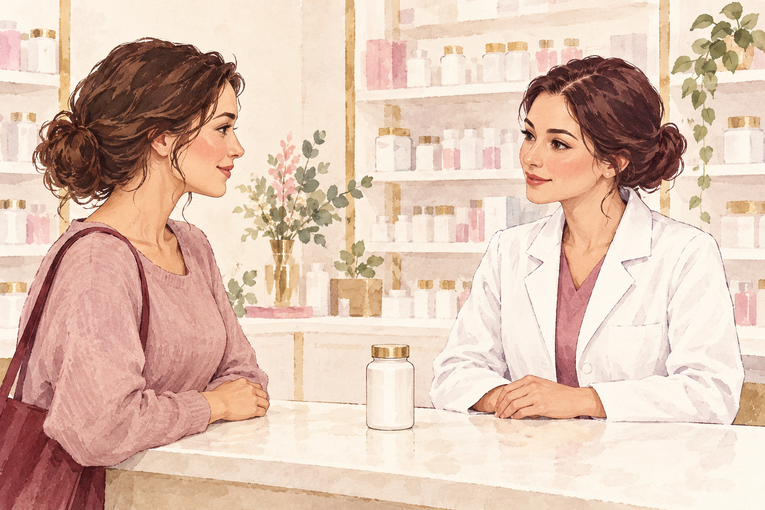 A customer speaks with a pharmacist beside an unlabelled bottle on the counter.