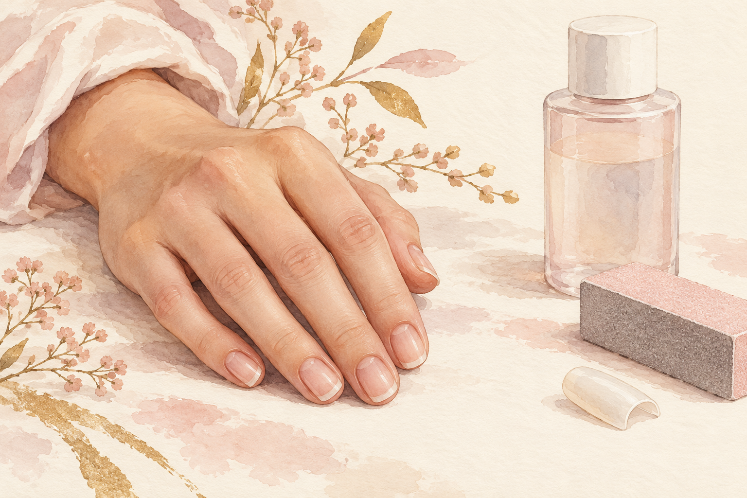 Short bare nails rest beside a coarse buffer, a closed unlabelled bottle and an artificial nail tip.